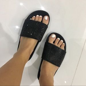 black slides with rhinestones